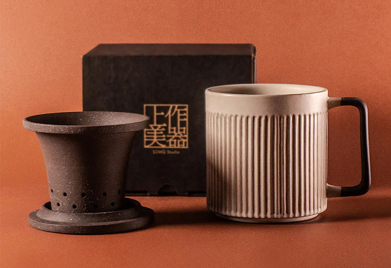 直紋泡茶杯550ml-粉引白(杯、茶濾內膽、蓋子三件式)